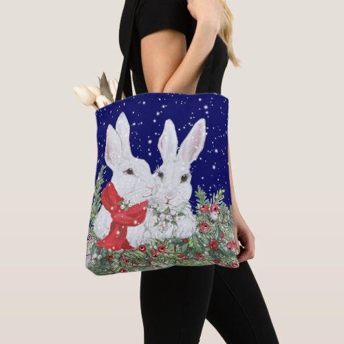 Christmas Bunny Rabbit Medium Holiday Winter Tote Bag