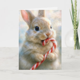 Christmas Bunny Rabbit Nibbling On a Candy Cane Card