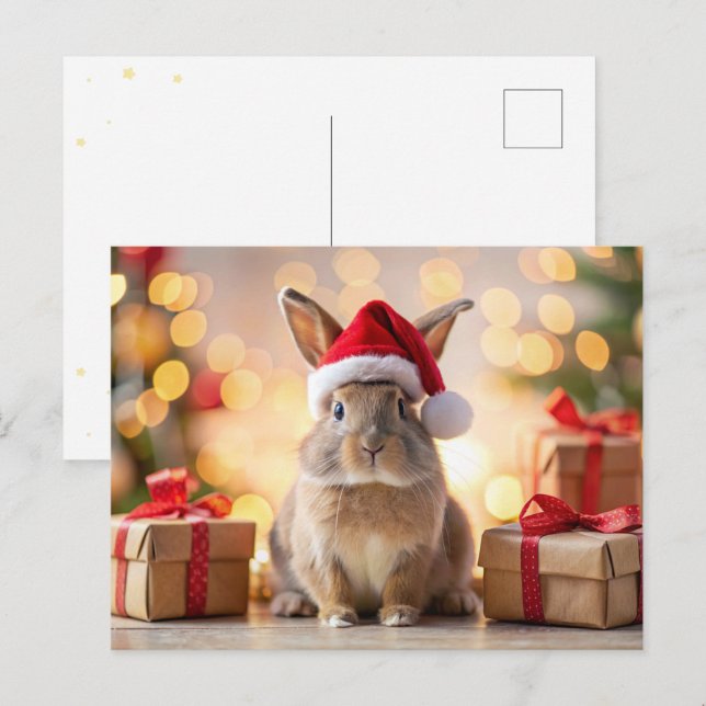 Christmas Bunny rabbit sitting with a Santa hat Holiday Postcard (Front/Back)
