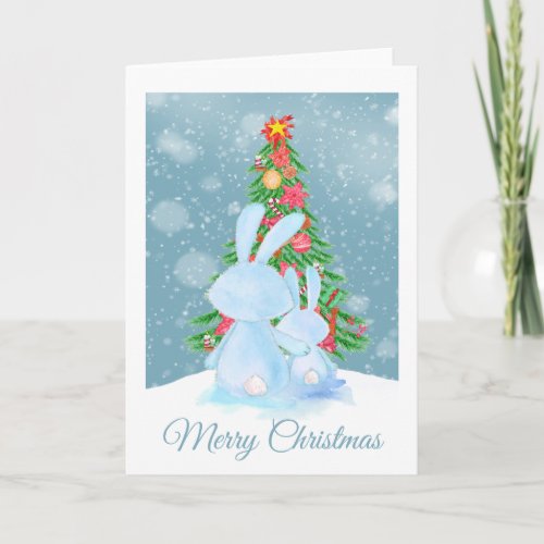 Christmas Bunny Rabbits Looking At Tree In Snow Card