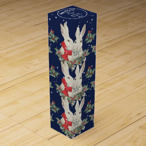 Christmas Bunny Rabbits Snow Winter Blue Custom Wine Box