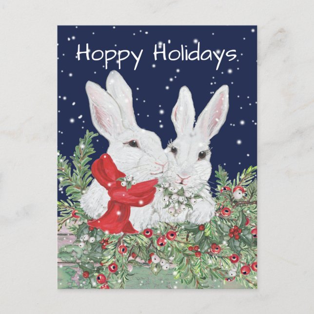 Christmas Bunny Rabbits Snowy Holly Berry Holiday (Front)