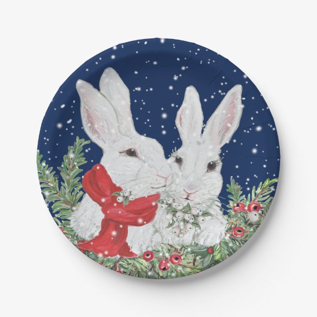 Christmas Bunny Rabbits Winter Holiday Blue Cute Paper Plates (Front)