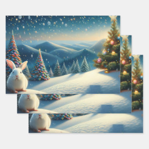 Christmas Bunny with Decorated Christmas Tree Wrapping Paper Sheets
