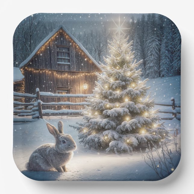 Christmas Bunny With Glowing Tree and Barn Paper Plates (Front)