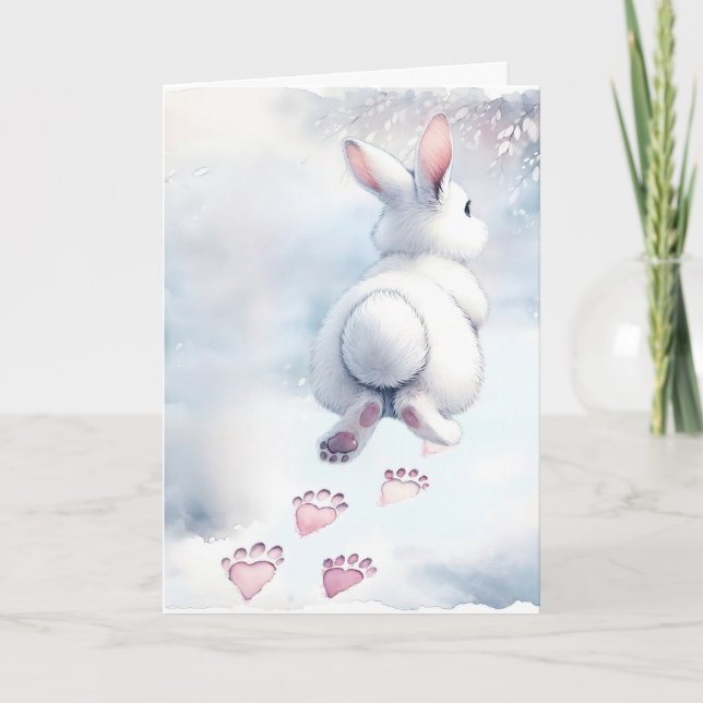 Christmas Bunny With Heart Paw Prints Holiday Card (Front)