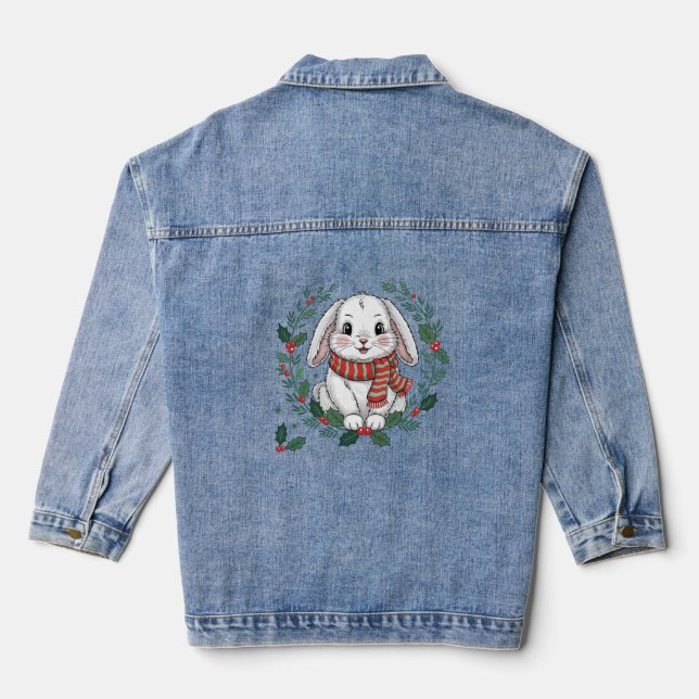 Christmas Bunny Wreath – Cute Festive Holiday Bunn Denim Jacket (Back)