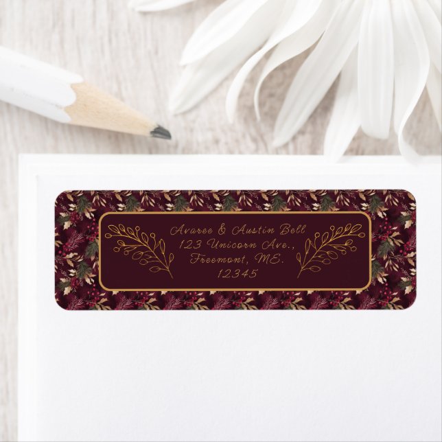 Christmas Burgundy Floral Background Gold Branch Label (Insitu)