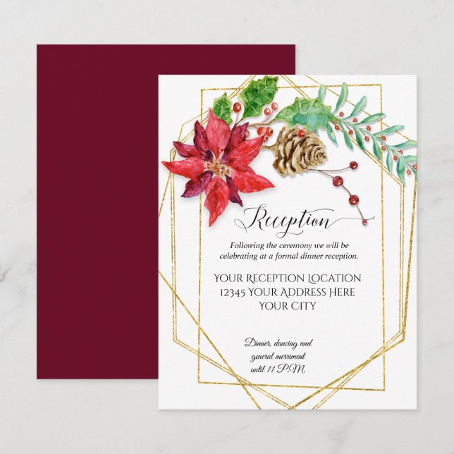 Christmas Burgundy Floral Gold Geometric Wedding Invitation (Front/Back)
