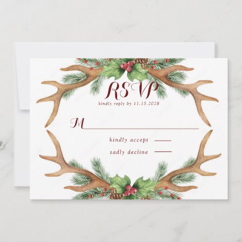 Christmas Burgundy Gold Antlers Wedding RSVP Cards