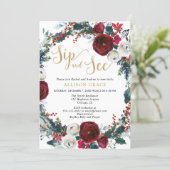 Christmas burgundy gold sip and see baby shower invitation (Standing Front)