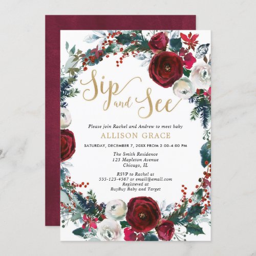 Christmas burgundy gold sip and see baby shower invitation