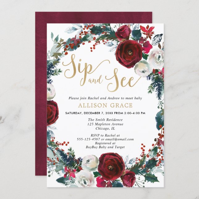 Christmas burgundy gold sip and see baby shower invitation (Front/Back)