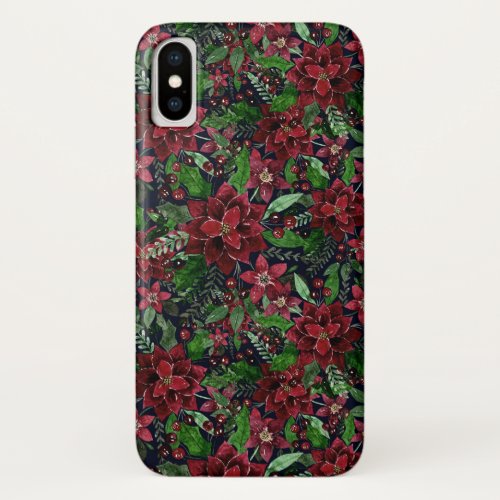 Christmas Burgundy Poinsettia Flowers Watercolor iPhone X Case