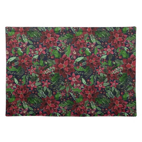 Christmas Burgundy Poinsettia Flowers Watercolor Cloth Placemat