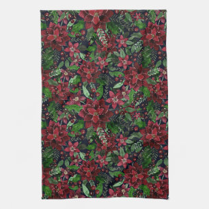 Christmas Burgundy Poinsettia Flowers Watercolor Kitchen Towel