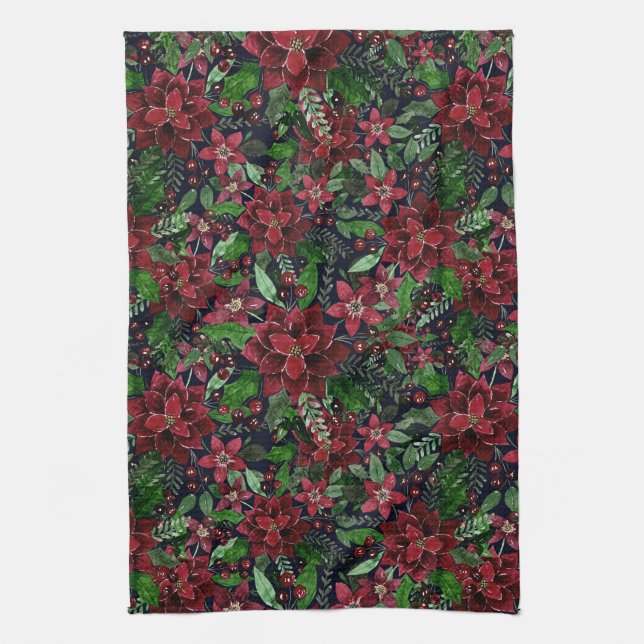 Christmas Burgundy Poinsettia Flowers Watercolor Kitchen Towel (Vertical)