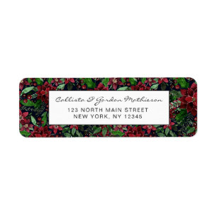 Christmas Burgundy Poinsettia Flowers Watercolor Label