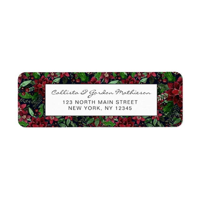 Christmas Burgundy Poinsettia Flowers Watercolor Label (Front)
