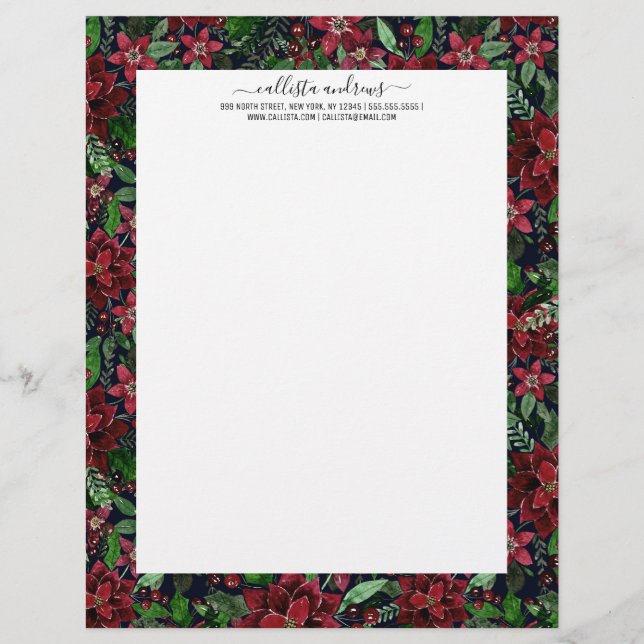 Christmas Burgundy Poinsettia Flowers Watercolor Letterhead (Front)
