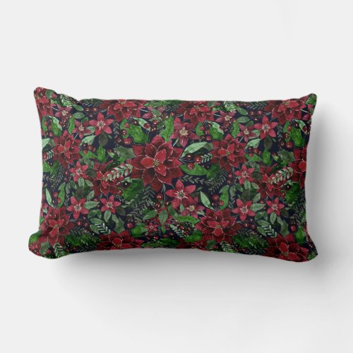 Christmas Burgundy Poinsettia Flowers Watercolor Lumbar Pillow