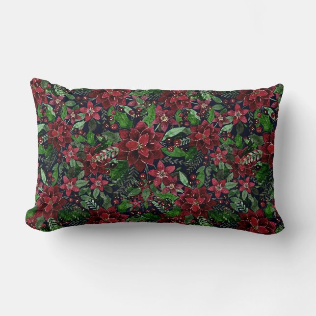 Christmas Burgundy Poinsettia Flowers Watercolor Lumbar Pillow (Front)