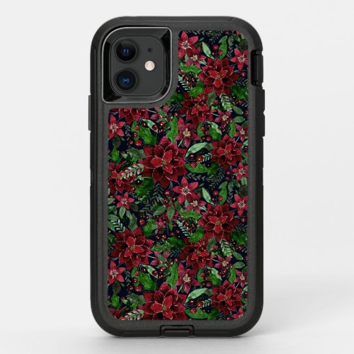 Christmas Burgundy Poinsettia Flowers Watercolor OtterBox Defender iPhone 11 Case