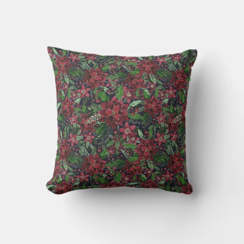 Christmas Burgundy Poinsettia Flowers Watercolor Outdoor Pillow