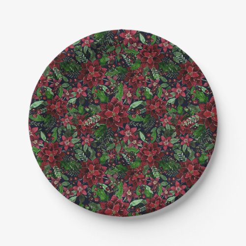 Christmas Burgundy Poinsettia Flowers Watercolor Paper Plates