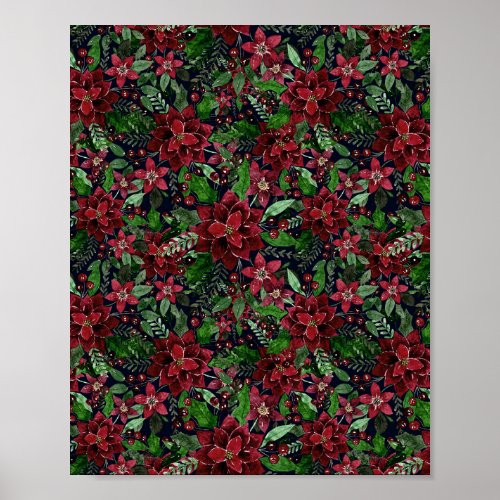 Christmas Burgundy Poinsettia Flowers Watercolor Poster