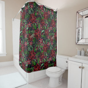 Christmas Burgundy Poinsettia Flowers Watercolor Shower Curtain