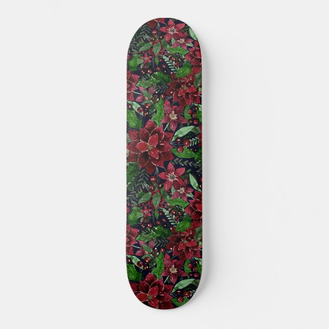 Christmas Burgundy Poinsettia Flowers Watercolor Skateboard (Front)