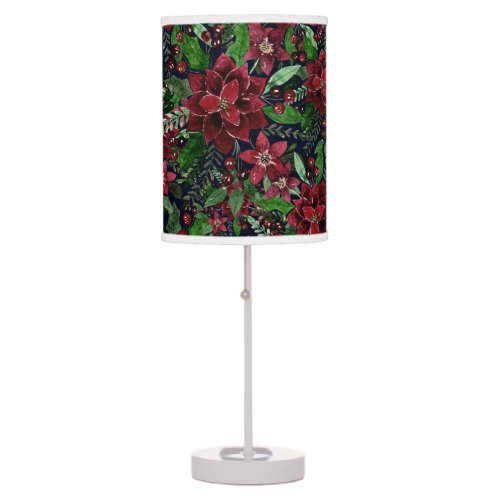 Christmas Burgundy Poinsettia Flowers Watercolor Table Lamp