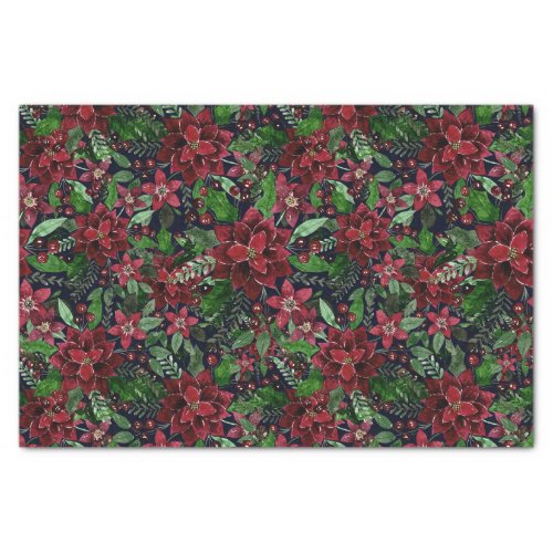 Christmas Burgundy Poinsettia Flowers Watercolor Tissue Paper
