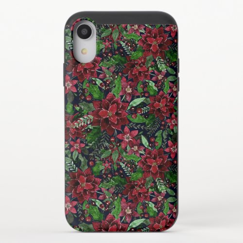Christmas Burgundy Poinsettia Flowers Watercolor iPhone XR Slider Case