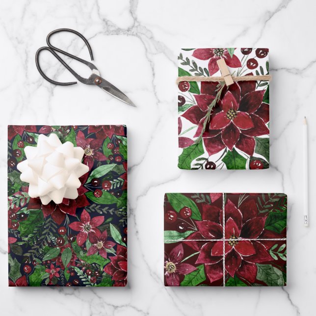 Christmas Burgundy Poinsettia Flowers Watercolor Wrapping Paper Sheets (Front)