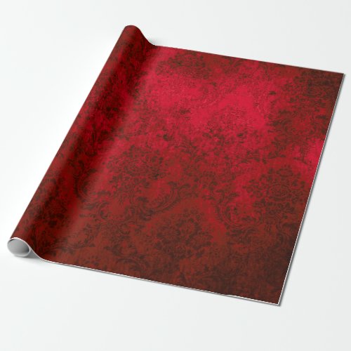 Christmas Burgundy Red Grunge Damask Wrapping Paper