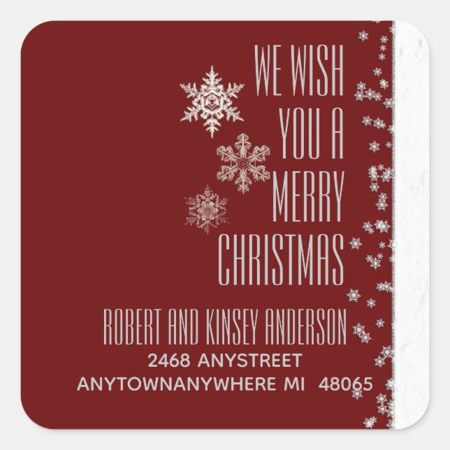 Christmas Burgundy White Snowflakes Return Address Square Sticker (Front)