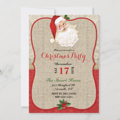 Christmas Burlap Damask Santa Claus  Invitation