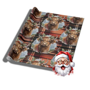 Christmas burnt orange Tartan Highlander Cow Wrapping Paper