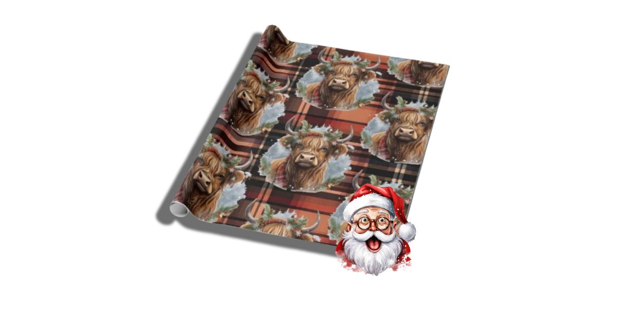 Christmas burnt orange Tartan Highlander Cow Wrapping Paper | Zazzle