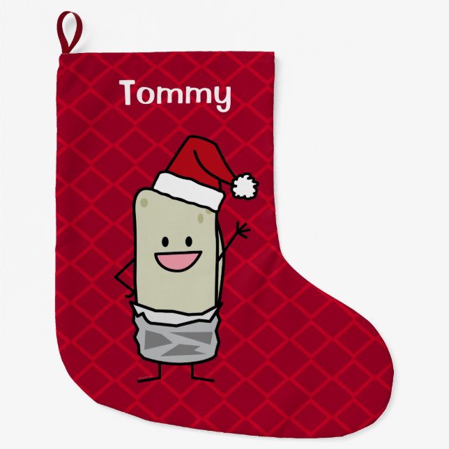 Christmas Burrito Waving Hello Santa Hat Holiday Large Christmas Stocking (Front)