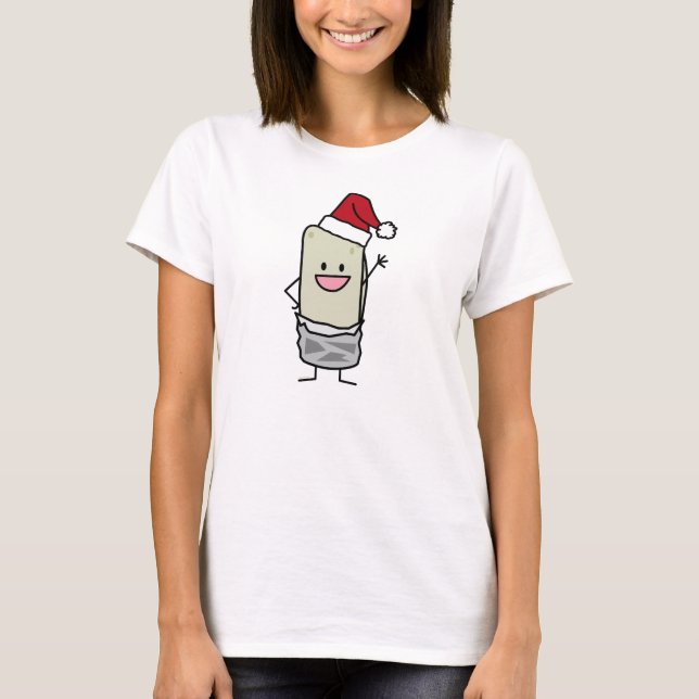 Christmas Burrito Waving Hello Santa Hat T-Shirt (Front)