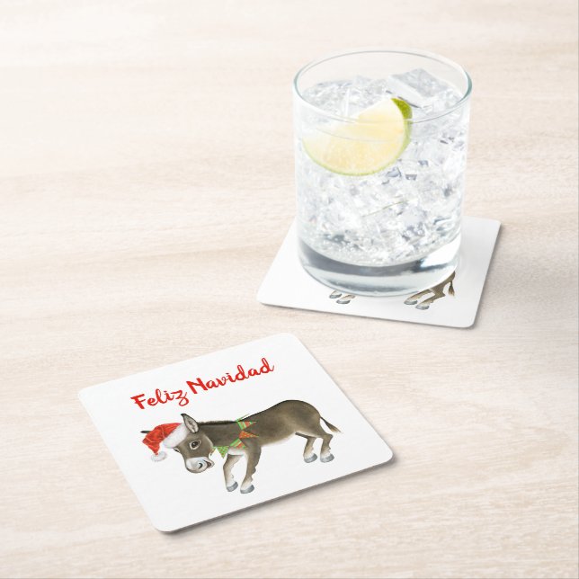 Christmas Burro Feliz Navidad Customizable Square Paper Coaster (Insitu)