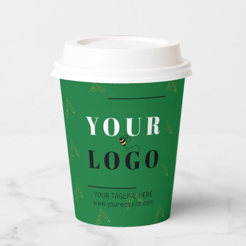 Christmas Business Logo Green Holly Patterned Paper Cups