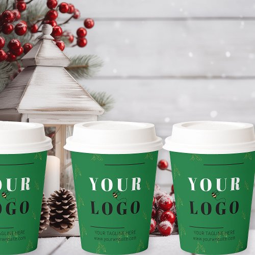 Christmas Business Logo Green Holly Patterned Paper Cups