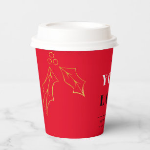 Christmas Business Logo Red Holly Paper Cups