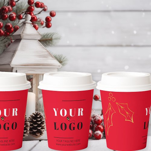 Christmas Business Logo Red Holly Paper Cups