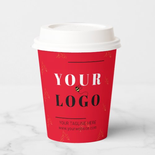 Christmas Business Logo Red Holly Patterned Paper Cups