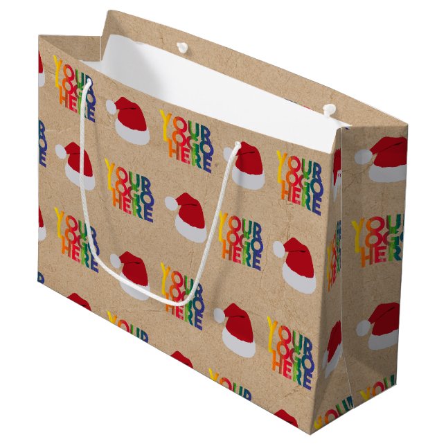 Christmas Business Logo Santa Hat Kraft Large Gift Bag (Front Angled)